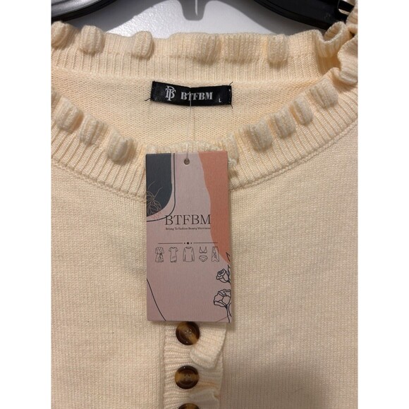 BTFBM SWEATER WOMENS SIZE Large BUTTON UP LONG SLEEVE Cream Ruffle Long Sleeves - Picture 2 of 6